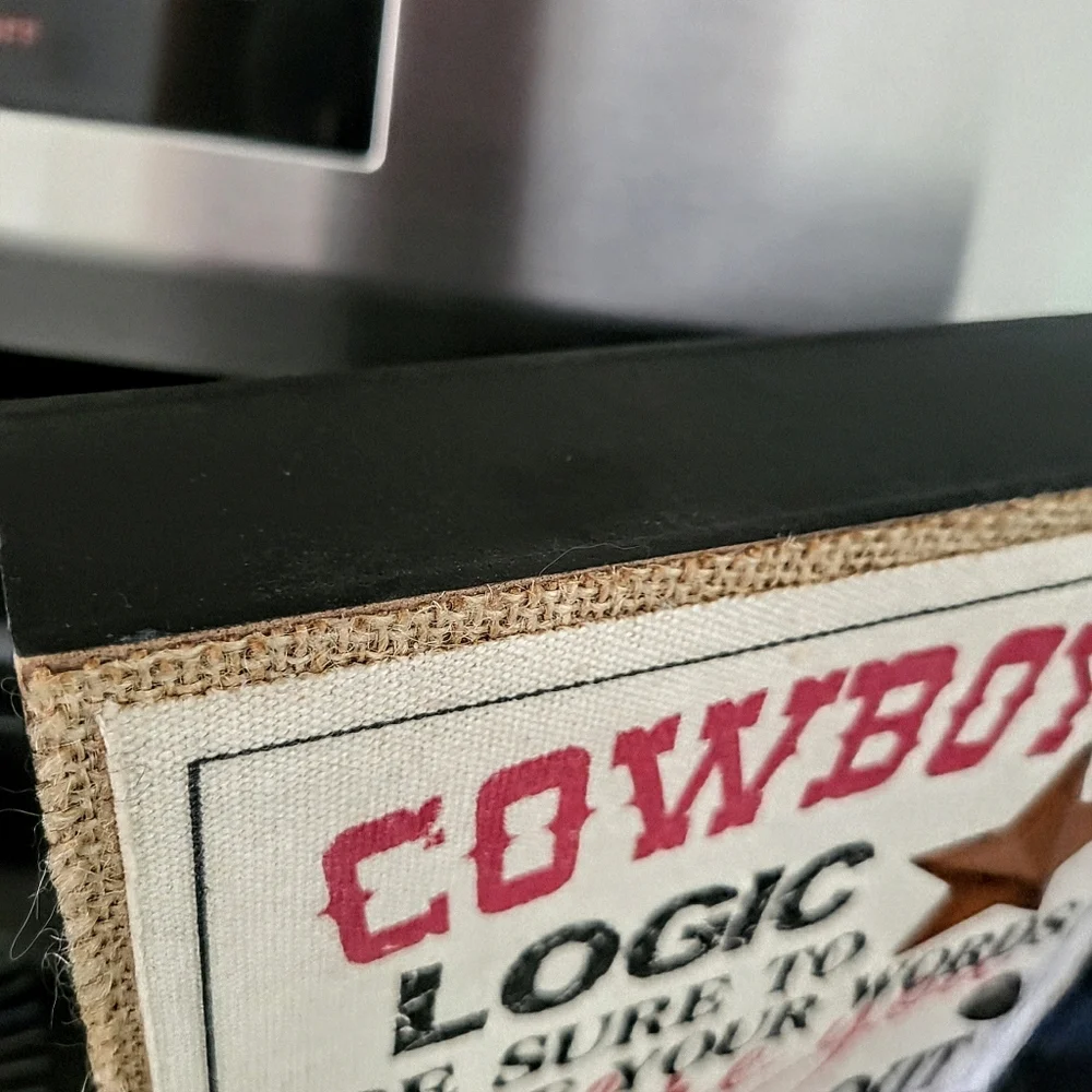 Cowboy's Logic Shelf Sitter with Star. Burlap Trim. 8